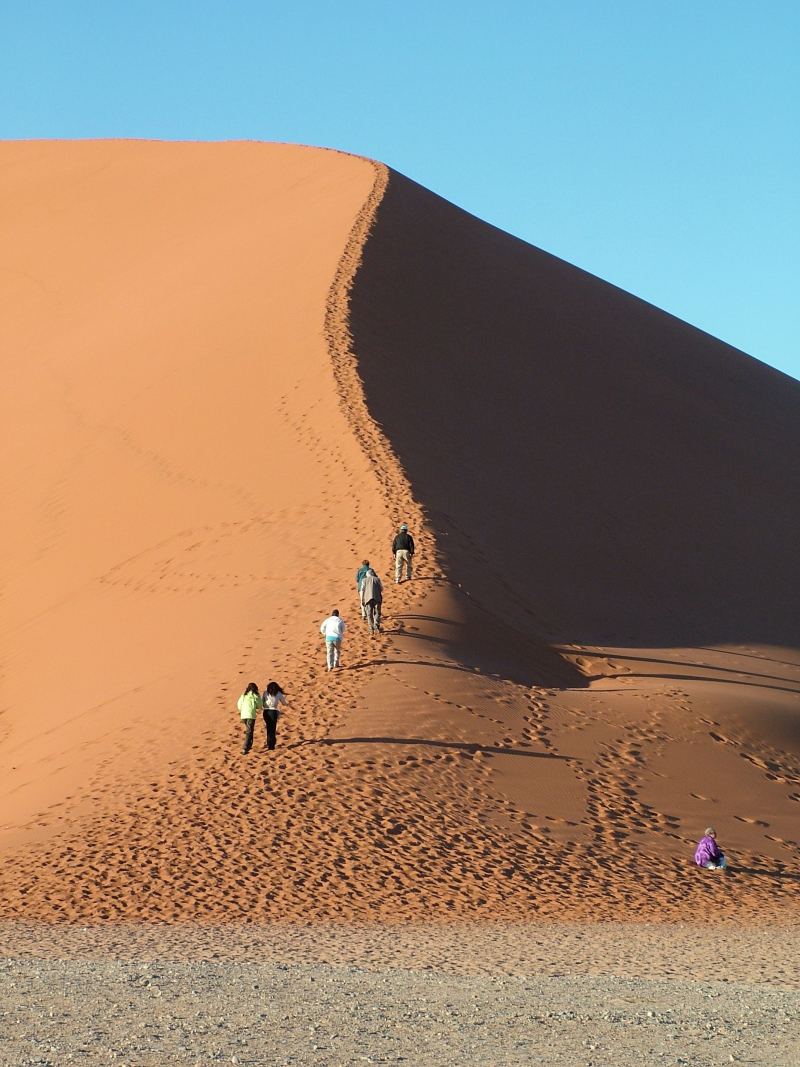People climbing the crest of a dune in single file, a long track in the sand