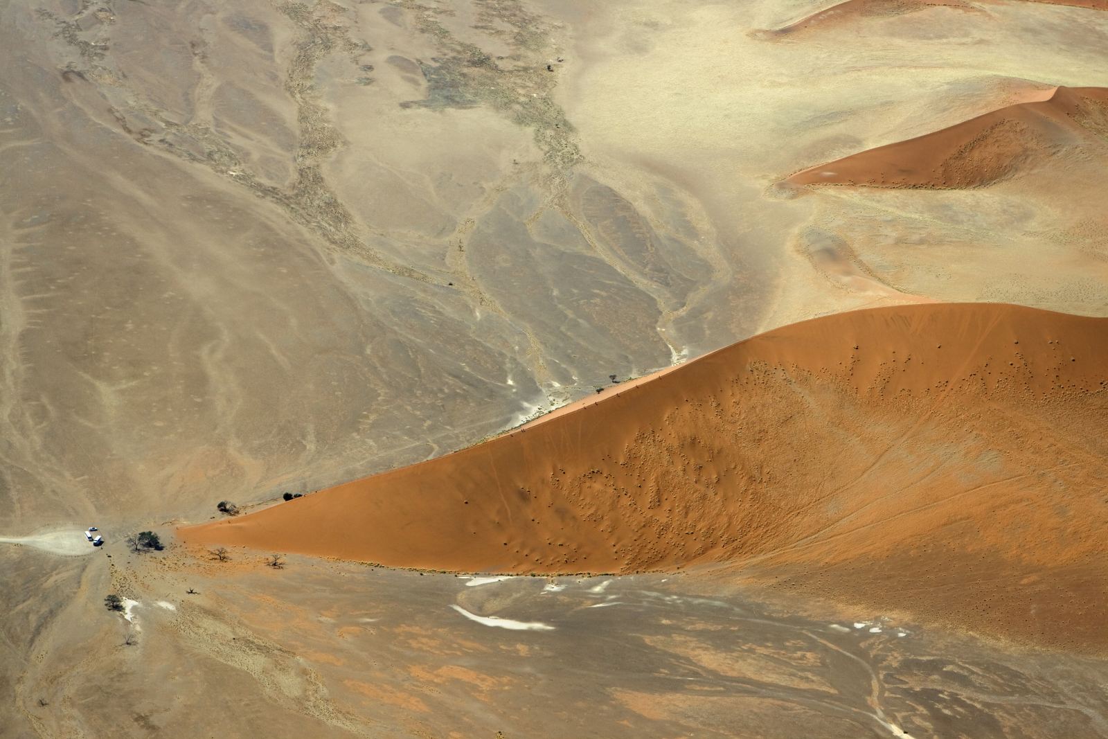 Crescent dune seen from the air, tiny people on the crest, more dune ridges behind