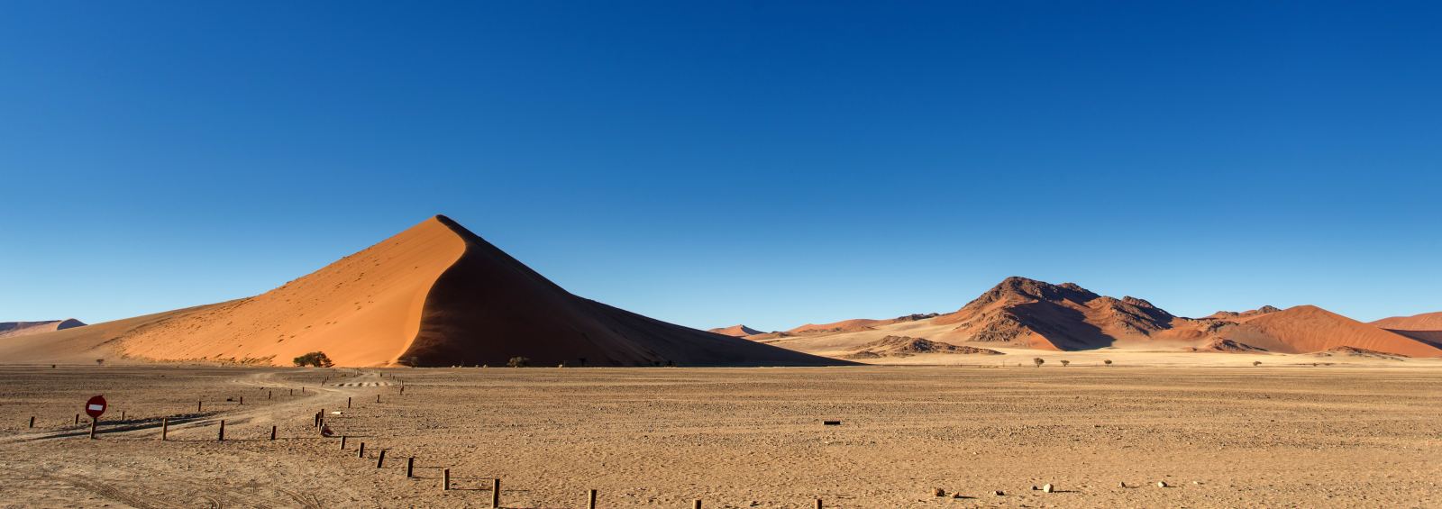 A dune crest in the first morning light, one half still in shadow, a mountain behind