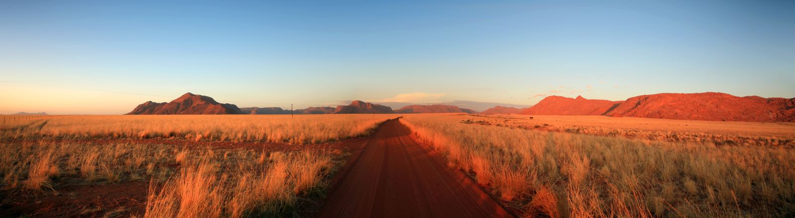 Rote Schotterpiste, die schnurgerade auf eine Düne zuläuft, Gras am Rand, tiefe Sonne